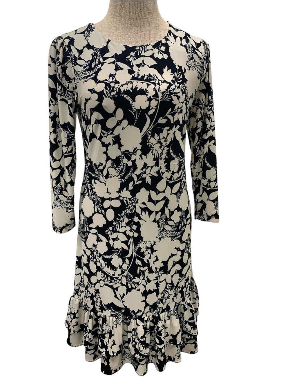 Tommy Hilfiger Black & Cream Floral Ruffle-Hem Long Sleeve Dress Size M